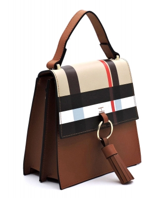 Tartan Plaid Check Ring Tassel Flap Crossbody Satchel BT704  TAN